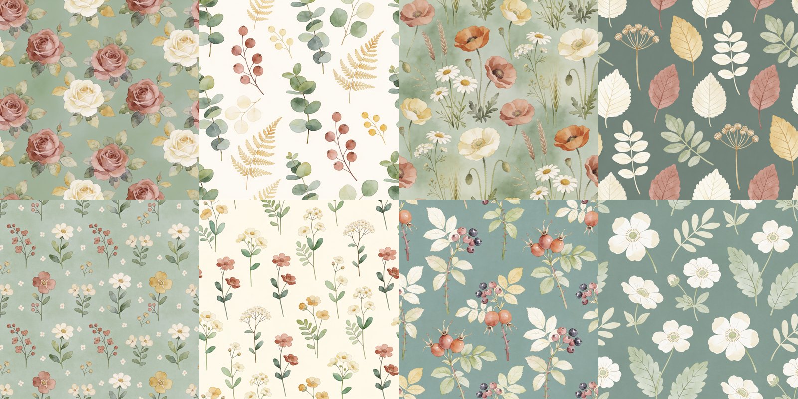 Free vintage botanical seamless digital paper — 8 patterns preview